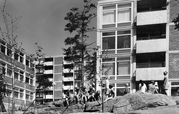 Joukko eri ikäisiä ihmisiä istuu kalliolla elementtitalojen läheisyydessä kesäisessä maisemassa.