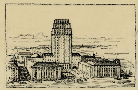 Piirustus Helsingin kaupungintalon kilpailuehdotuksesta.