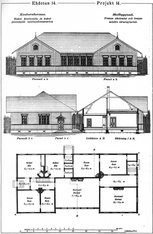 Arkkitehtuurimallipiirustuksia kansakouluista. Kuvassa kansakoulun läpileikkauspiirustus, julkisivupiirustus, pohjapiirros ja havainnepiirros päädystä.