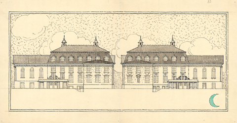Julkisivupiirrustus kansakoulusta. Piirrustuksessa on kaksi symmetristä rakennusta.