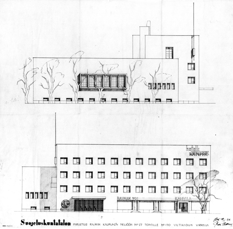 Julkisivupiirustus Rauman suojeluskuntatalosta. Piirustuksessa on esitettynä funkkistyylinen rakennus kahdelta sivulta.