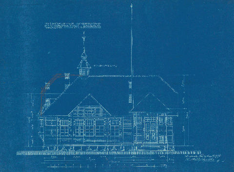 Arkkitehtuuripiirustus nuorisoseurantalosta. Siniselle pohjamateriaalille tehdyssä piirrustuksessa julkisivu on piirretty valkoisella.