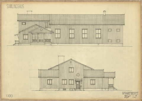 Julkisivupiirustus seurantalotyypistä. Piirustuksessa puinen rakennus on esitetty kahdelta sivulta.