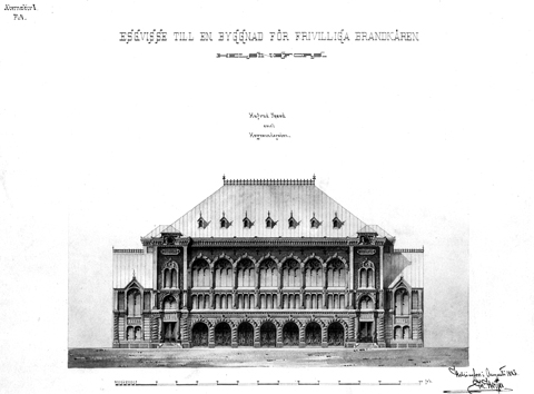 Theodor Höijerin Helsingin vapaapalokunnan talosta järjestettyyn kilpailuun jättämän ehdotuksen julkisivupiirrustus. Piirrustuksessa esitetty talo on viikerroksinen, kivinen ja tyyliltään uusrenessanssinen.