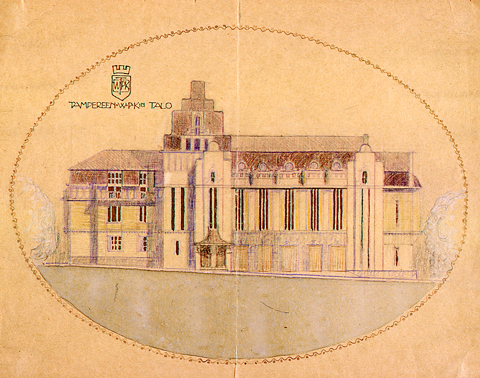 Luonnospiirros Wivi Lönnin ehodtuksesta Tampereen VPK:n taloksi. Piirroksessa esitettynä jugendtyylisen rakennuksen julkisivu.
