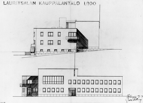 Julksivupiirrustus Lauritsalan kauppalantalosta. Piirustuksessa kuvattuna funkistyylisen rakennuksen julkisivu kahdelta laidalta.
