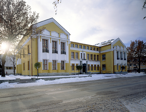 Eksteriöörikuva Mikkelin kaupungintalosta. Rakennus on keltainen ja kaksikerroksinen, tyyliltään se edustaa jugendia.