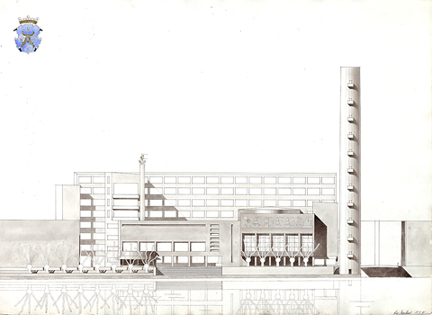 Julkisivupiirrustus Turun kaupungintalosuunnitelmaa koskien. Piirrutuksen rakennus on funktionalistinen ja siinä on korkea, savupiippua muistuttava torni.