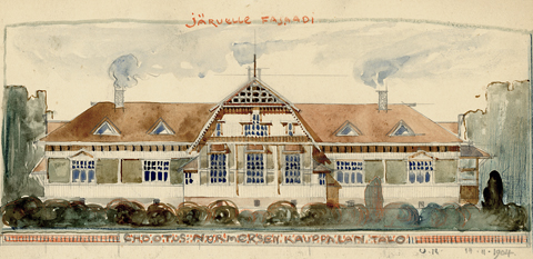 Julkisivua esittävä akvarelli Nurmeksen kauppalantaloa koskien. Akvarelli kuvaa jugandtyylisen rakennuksen järvenpuolista fasadia.