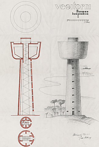 Rauman vesitorni -piirustus. Piirustuksessa on sekä leikkauspiirustus että ulkoperspektiivipiirustus rinnakkain.
