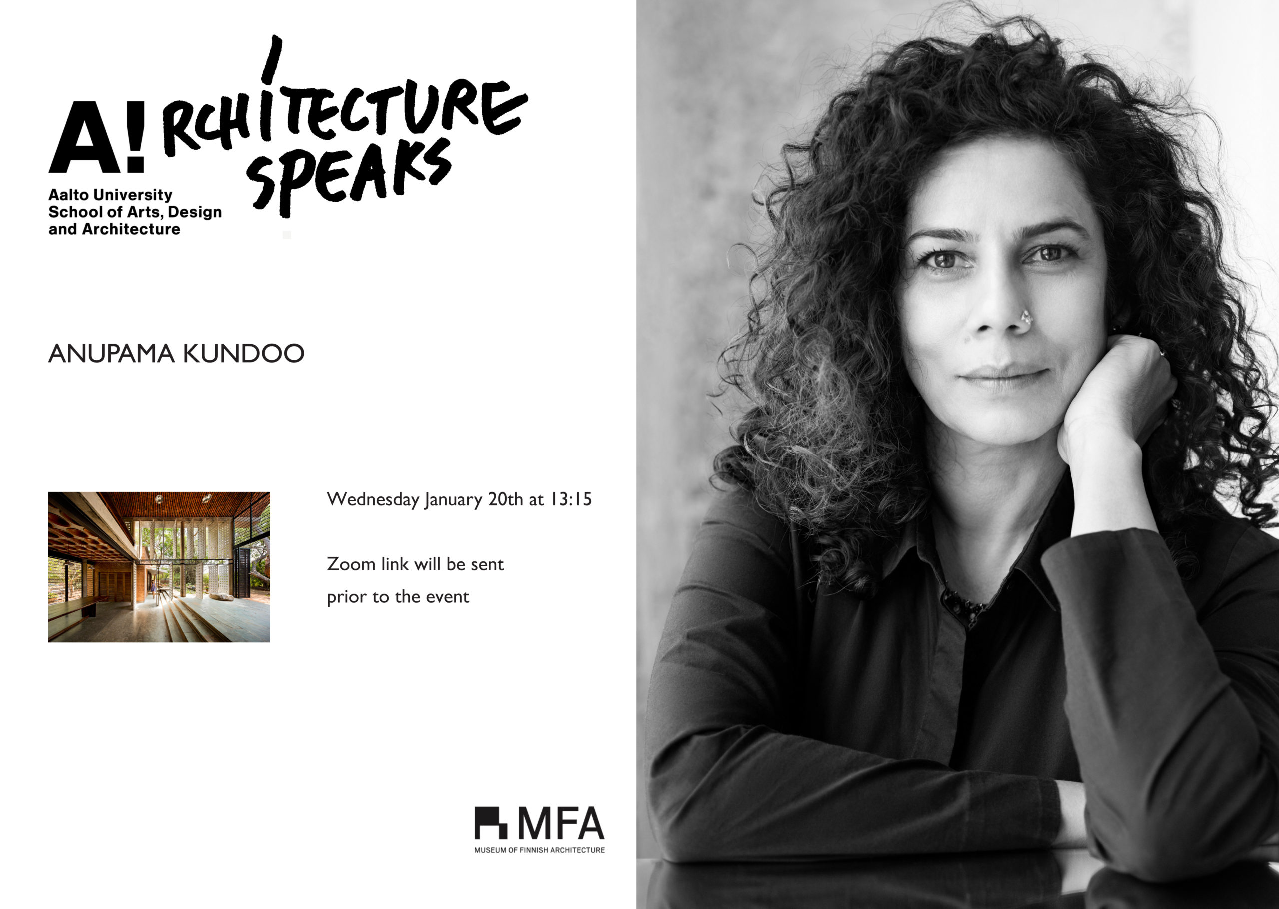 Architecture Speaks -luentojulisteessa arkkitehti Anupama Kundoo