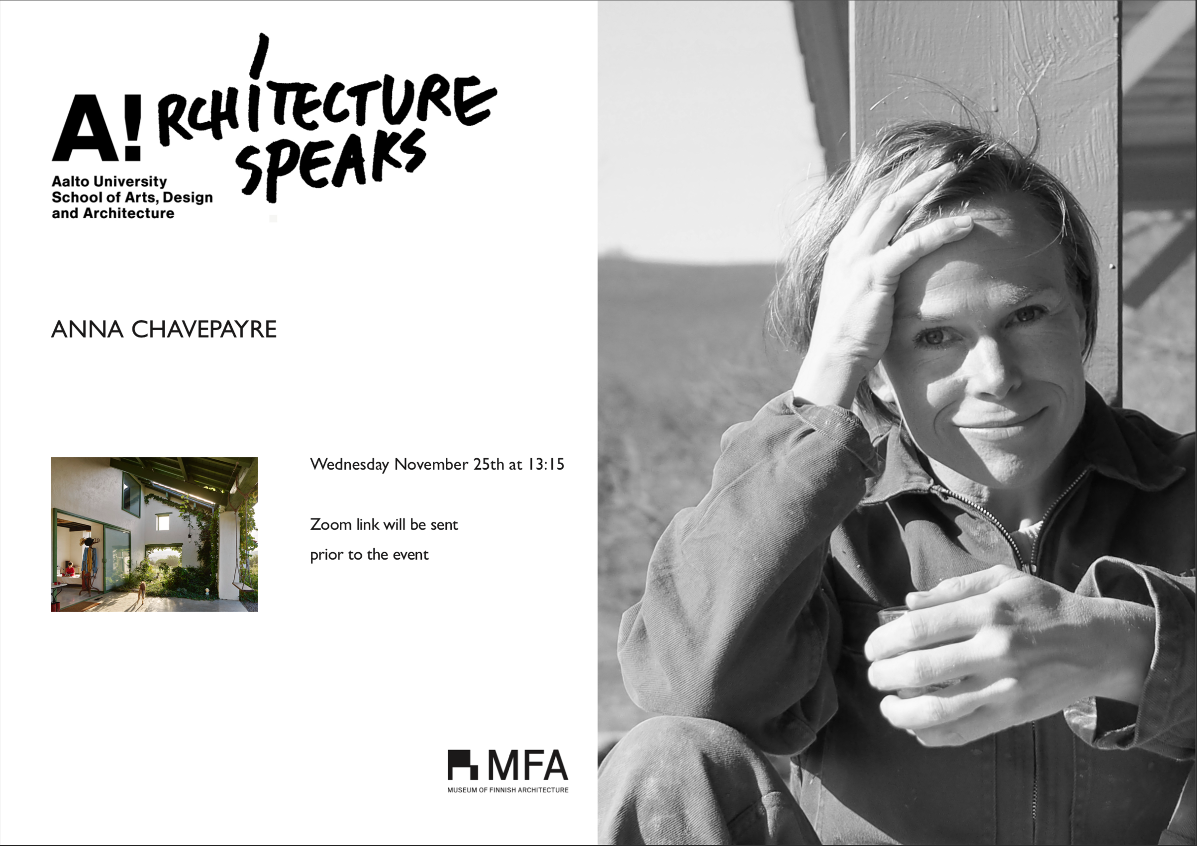 Architecture Speaks Anna Chavepayre -juliste, jossa arkkitehti katsoo kameraan lempeänä käsi otsalla